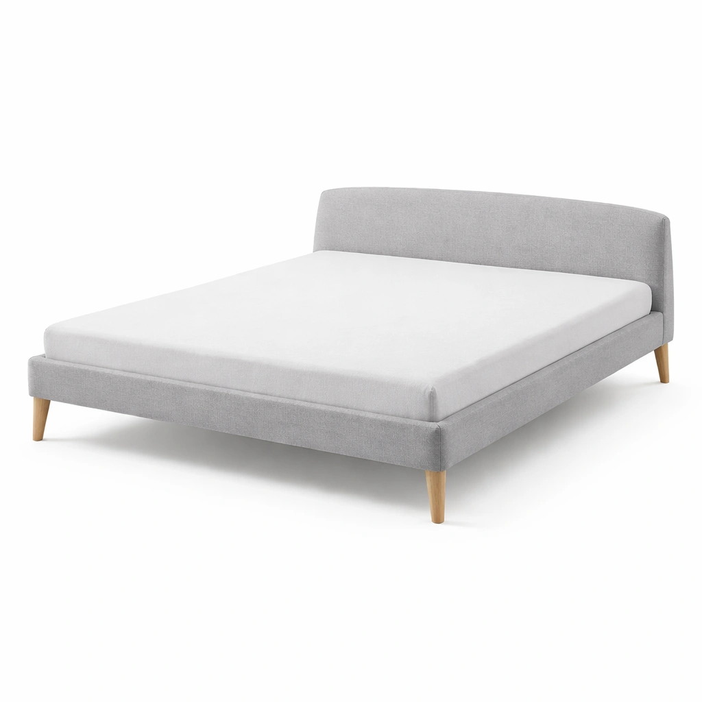 Cama tapizada gris con diseno moderno y cabecero bajo-cozanoe
